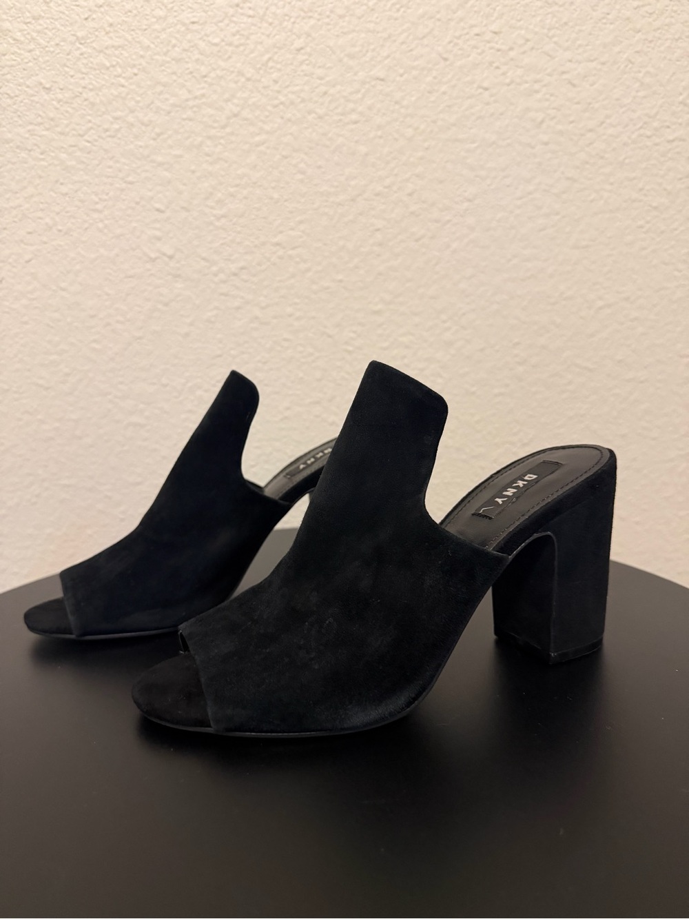 DKNY Hester Black Suede Open-Toe Block Heel Mules